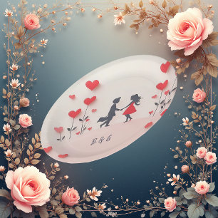 Romantic Couple Silhouette red hearts wedding Paper Plate