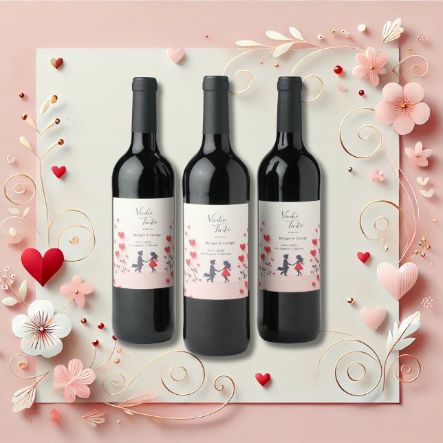 Romantic Couple Silhouette red hearts wedding Wine Label (Creator Uploaded)