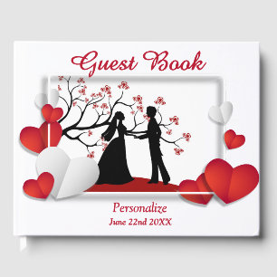 Romantic Couple Silhoutte Red Hearts Personalise Guest Book