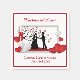 Romantic Couple Silhoutte Red Hearts Personalised Napkin