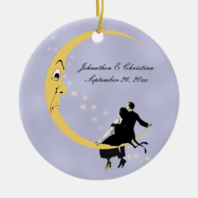 Romantic Couple Sitting on Angry Crescent Moon Ceramic Tree Decoration (Front)