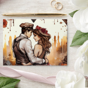 Romantic Couple Steampunk Watercolor Heart Envelope