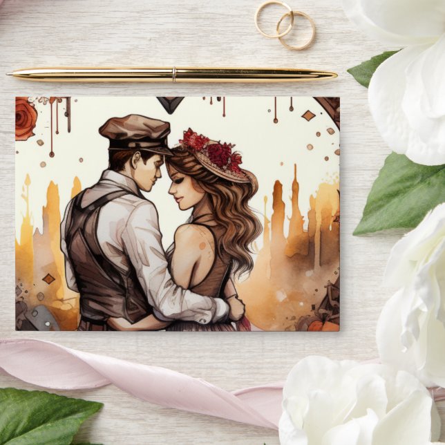 Romantic Couple Steampunk Watercolor Heart Envelope (Wedding)
