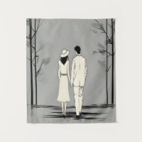 Romantic Couple Stroll Minimalist Line Art
