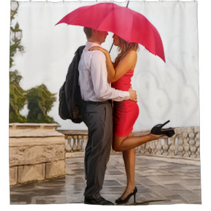 Romantic Couple Under Red Umbrella Shower Curtain