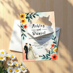 Romantic Couple Watercolor Floral Summer Wedding Acrylic Invitations