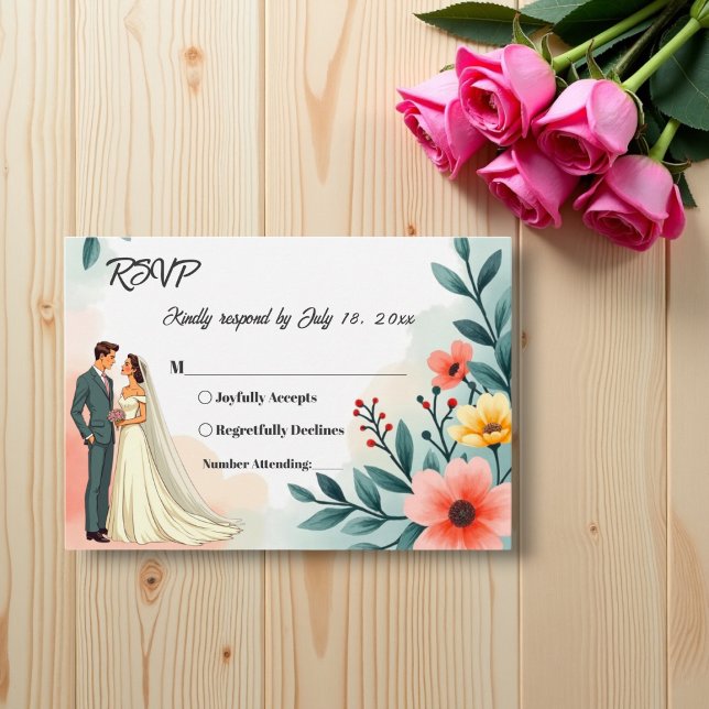 Romantic Couple Watercolor Floral Summer Wedding RSVP Card (Creator Uploaded)