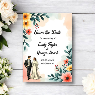 Romantic Couple Watercolor Floral Summer Wedding Save The Date