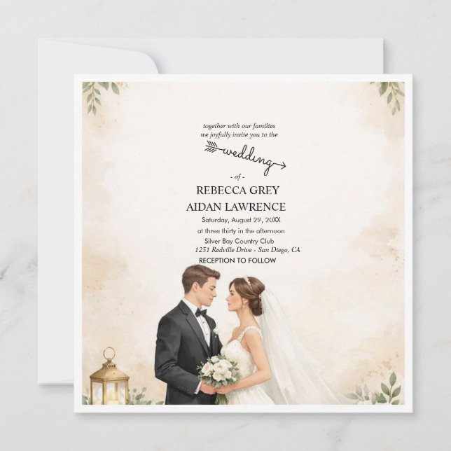 Romantic Couple Watercolor Wedding Invitation (Front)