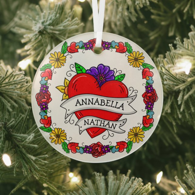 Romantic Couple's Gift | Tattoo Style Art   Glass Tree Decoration (Insitu)