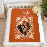 Romantic Couples Photo Burnt Orange 50 Anniversary Fleece Blanket<br><div class="desc">The fleece blanket features a beautiful watercolor design of a white floral frame on a warm, earthy orange background. Easily swap out the image and customise the milestone anniversary numbers (10, 20, 30, 40, 50, 60, 70, 80, or 90) to make it uniquely yours! The personalised fleece blanket would make...</div>