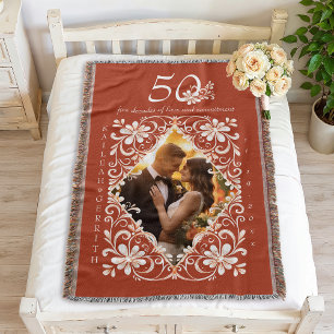 Romantic Couples Photo Red Rust 50 Anniversary Throw Blanket