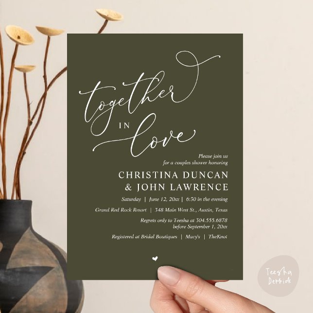 Romantic Couples Shower Party, Together In Love Invitation (Together in Love, Romantic Couples Shower Party Invitation Card PDF modern minimalist Olive Green)