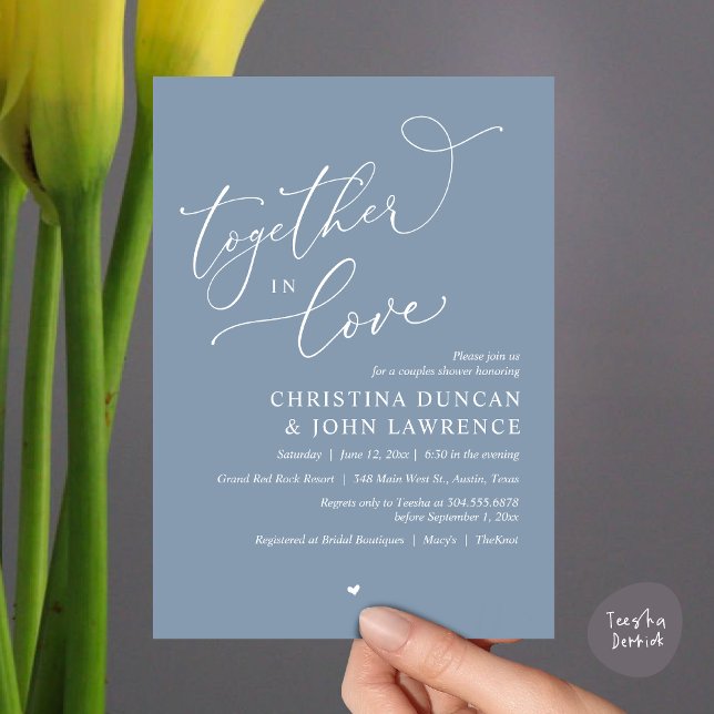 Romantic Couples Shower Party, Together In Love Invitation (Together in Love, Romantic Couples Shower Party Invitation Card PDF modern minimalist Dusty Blue)