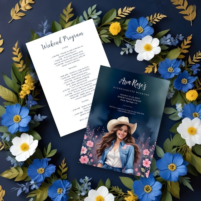 Romantic Cowgirl Pink Flowers Bachelorette Weekend Invitation (Romantic Cowgirl on Dark Background with Pink Flowers Bachelorette Weekend Invitation Card. )
