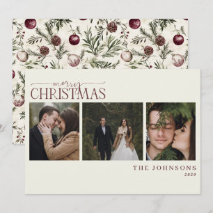 Romantic Cranberry Botanical Newlywed Xmas Photo Holiday Card