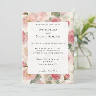 Romantic Cream Blush Pink Roses Floral Wedding Invitation