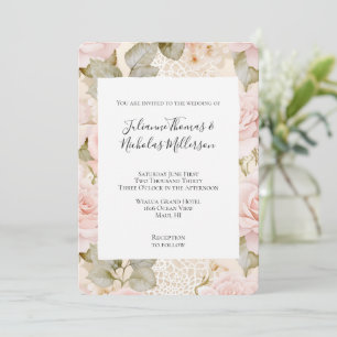 Romantic Cream Blush Pink Roses Floral Wedding Invitation