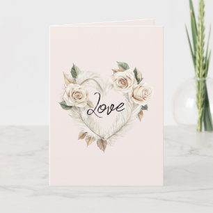 Romantic Cream Blush Roses Feathers Floral Heart Card