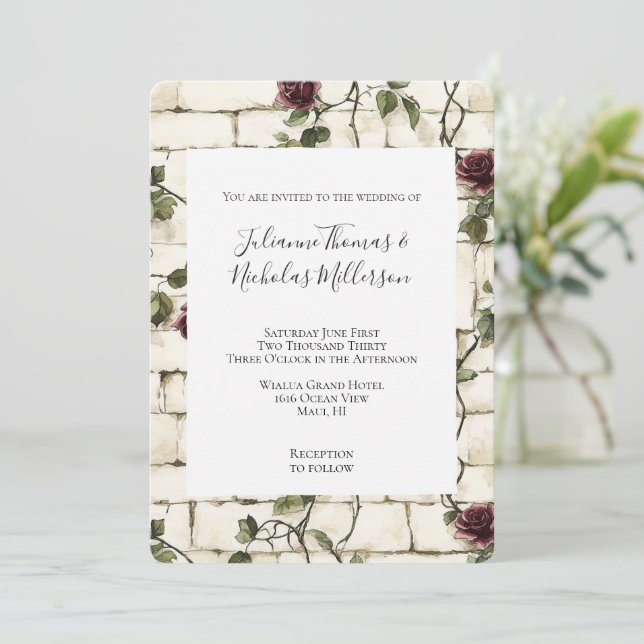Romantic Cream Brick Wall Red Roses Wedding Invitation (Standing Front)
