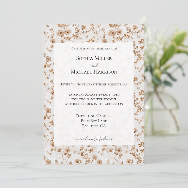 Romantic Cream Brown Floral Wedding Invitation (Standing Front)