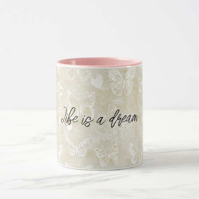 Romantic Cream Butterflies Hearts Mug (Center)