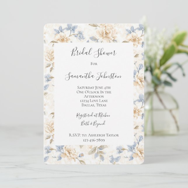 Romantic Cream Floral Blue Leaves Bridal Shower Invitation (Standing Front)