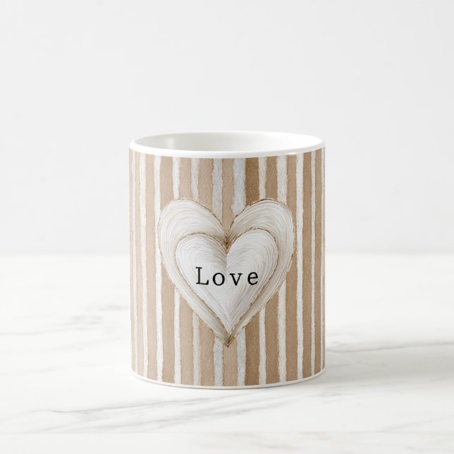 Romantic Cream Heart Brown Stripes Love Coffee Mug (Center)