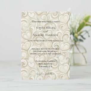 Romantic Cream Hearts Swirls Wedding Invitation