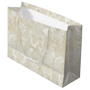 Romantic Cream Ivory Butterflies Hearts Wedding  Large Gift Bag