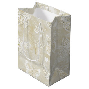Romantic Cream Ivory Butterflies Hearts Wedding  Medium Gift Bag