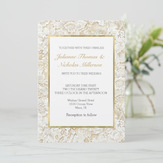 Romantic Cream Ivory Floral Wedding Invitation (Standing Front)