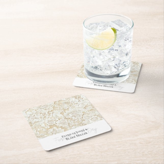 Romantic Cream Ivory Floral Wedding Square Paper Coaster (Insitu)