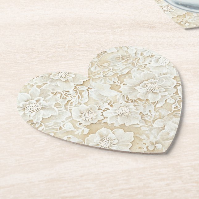 Romantic Cream Ivory Flowers Wedding Paper Coaster (Angled)