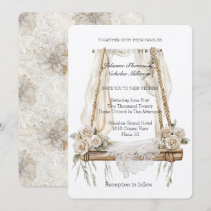 Romantic Cream Lace Rose Floral Swing Wedding Invitation