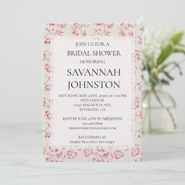Romantic Cream Pink Glitter Floral Bridal shower Invitation (Standing Front)