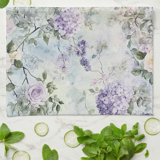 Romantic Cream purple flowers   Tea Towel (Folded)