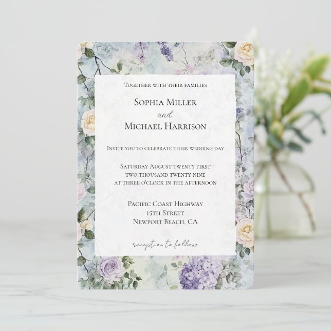 Romantic Cream purple flowers Wedding Invitation (Standing Front)