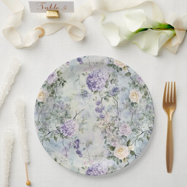 Romantic Cream Purple Flowers Wedding Paper Plate (Wedding)