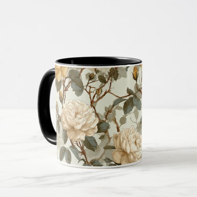 Romantic Cream Rose Beige Floral Pattern Mug (Front Left)