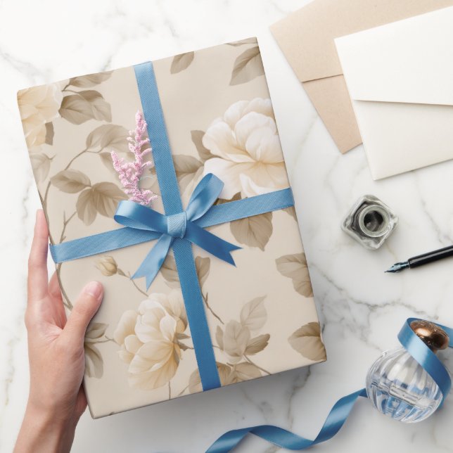 Romantic Cream Rose Beige Floral Pattern Wrapping Paper (Gifting)