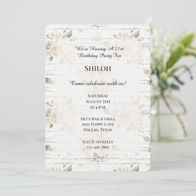Romantic Cream White Floral Boho Birthday Invitation (Standing Front)