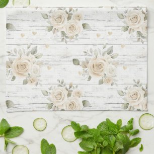 Romantic Cream White Floral Boho Bridal Shower Tea Towel