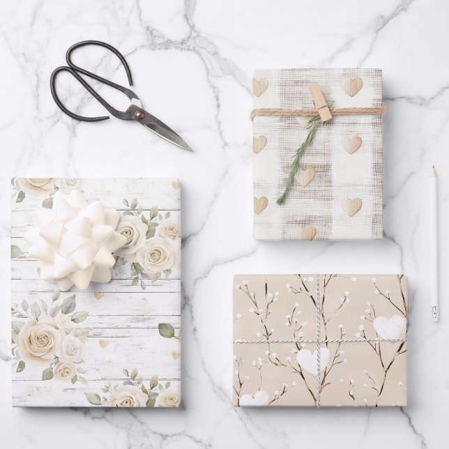 Romantic Cream White Floral Boho Bridal Shower  Wrapping Paper Sheet (Front)