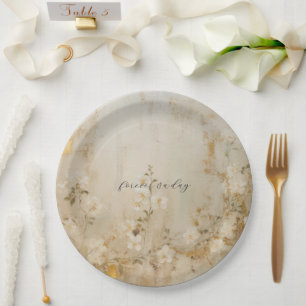 Romantic Cream White Gold Floral Wedding Paper Plate