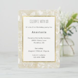 Romantic Cream White Hearts Butterflies Birthday Invitation