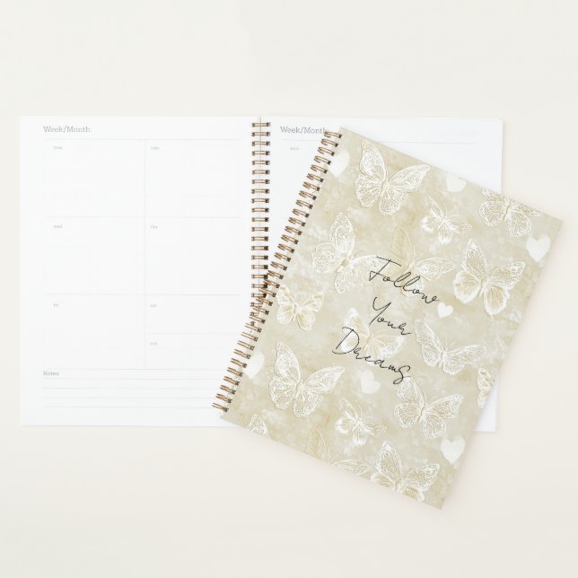 Romantic Cream White Hearts Butterflies Planner (Display)