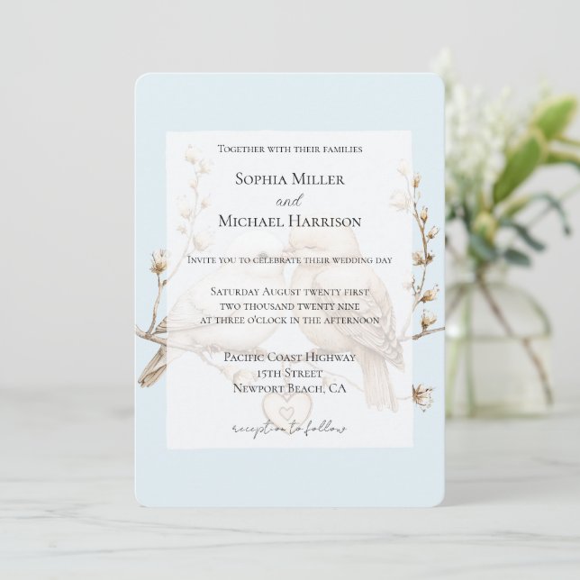 Romantic Cream White Love Birds Heart Wedding Invitation (Standing Front)