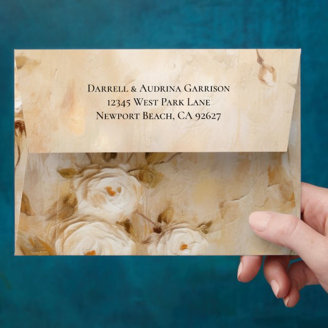 Romantic Cream White Roses Wedding Envelope (Hand)