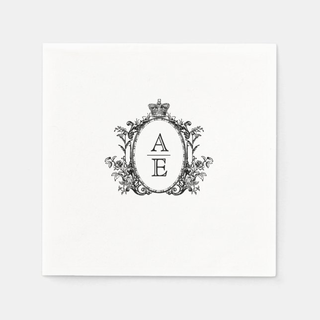 Romantic Crest Monogram Black and White Wedding Napkin (Front)
